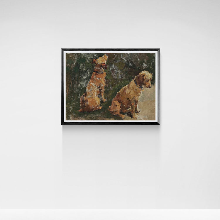 Framed artwork of two terrier dogs sitting on a grassy field.