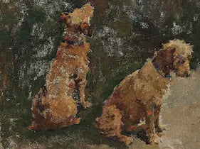 Two dogs sitting on a textured surface, possibly a painting.