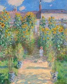 Painting of a garden with sunflowers and a person walking on a path.