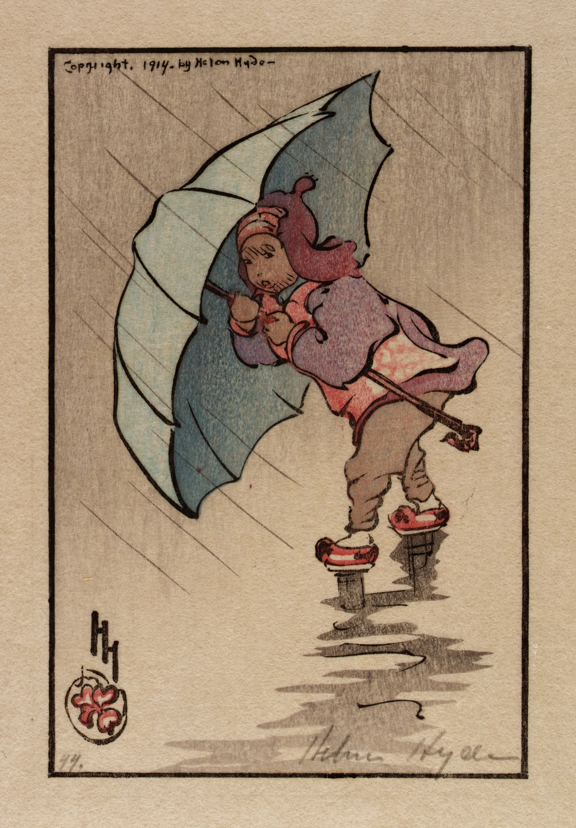 Illustration of a person with an umbrella walking on ice, with a decorative border and signature.