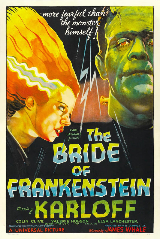Vintage movie poster for 'The Bride of Frankenstein' featuring a woman and a creature.