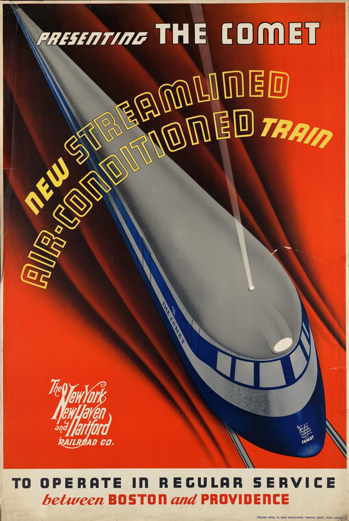 High quality Giclée reproduction of the 1930s "The Comet" streamlined train poster, bold Art Deco style in red, white, and blue, advertising service between Boston and Providence.