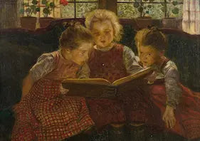 Three children reading a book together in a cozy room with floral curtains.