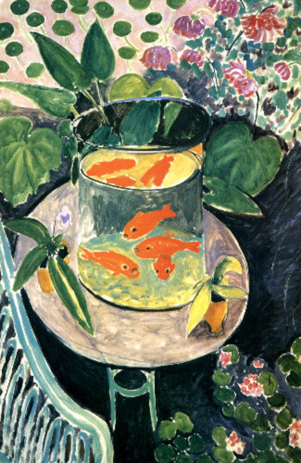 A print of 'The Goldfish' by Henri Matisse, depicting bold orange goldfish swimming in a crystal-clear bowl against a lush green background, with floral patterns around it.