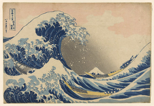 Woodblock print of a large wave with Mount Fuji in the background