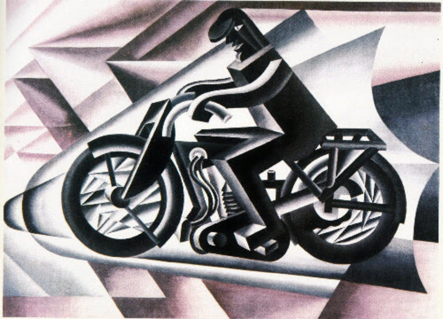 Art print by Fortunato Depero, "Il motociclista." Stylized Futurist depiction of a figure riding a motorcycle with dynamic geometric forms.