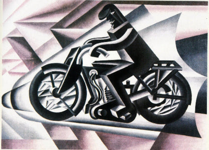 Art print by Fortunato Depero, "Il motociclista." Stylized Futurist depiction of a figure riding a motorcycle with dynamic geometric forms.