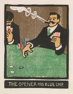 Illustration of two men playing poker with text 'The Opener His Blue Chip' at the bottom.