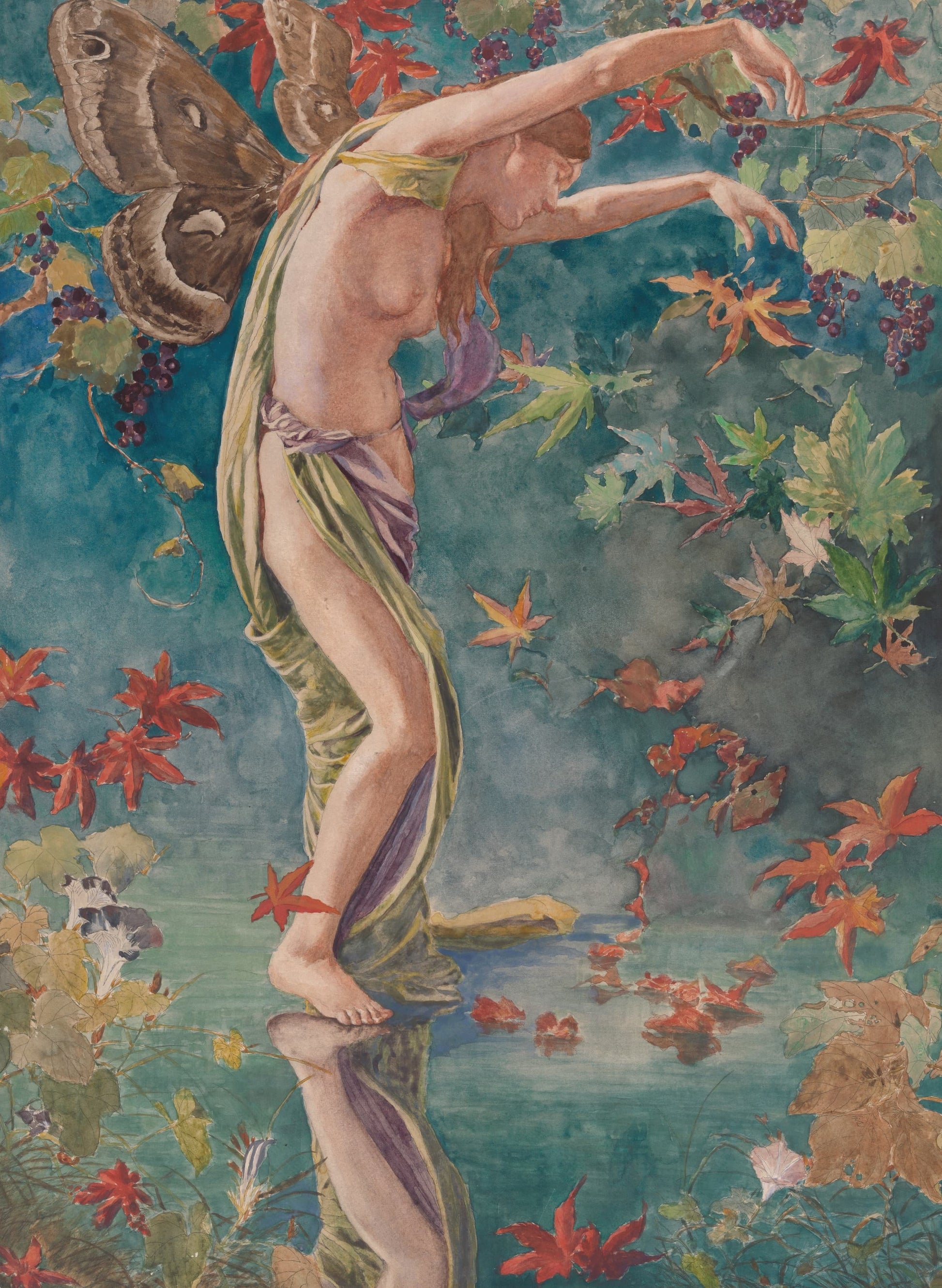 Artistic depiction of a nude figure in a garden with flowers and a butterfly.