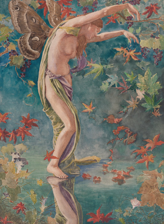 Artistic depiction of a nude figure in a garden with flowers and a butterfly.