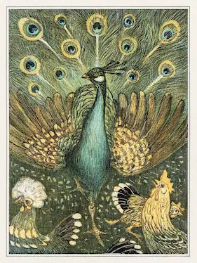 High-quality Giclée reproduction of Theo van Hoytema's Art Nouveau illustration featuring a majestic peacock with fully displayed green and gold tail feathers, standing among a group of chickens, vintage 1890s.