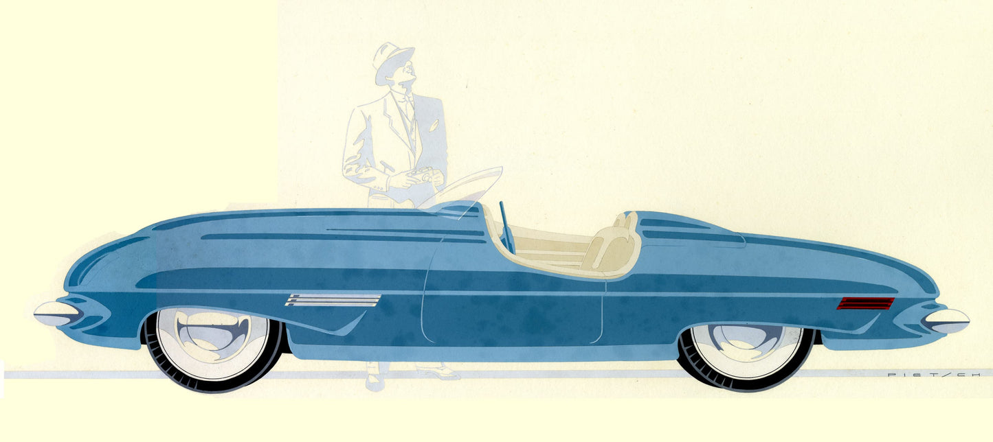 High-quality Giclée reproduction of Theodore Wells Pietsch II's illustration of a long, low, streamlined blue roadster sports car concept from the 1940s, mid-century automotive design.