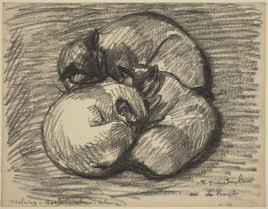 Sketched illustration of two apples with a stem on a textured background