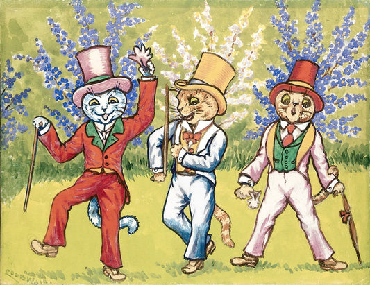 Three anthropomorphic rabbits in formal attire standing in a garden with flowers.