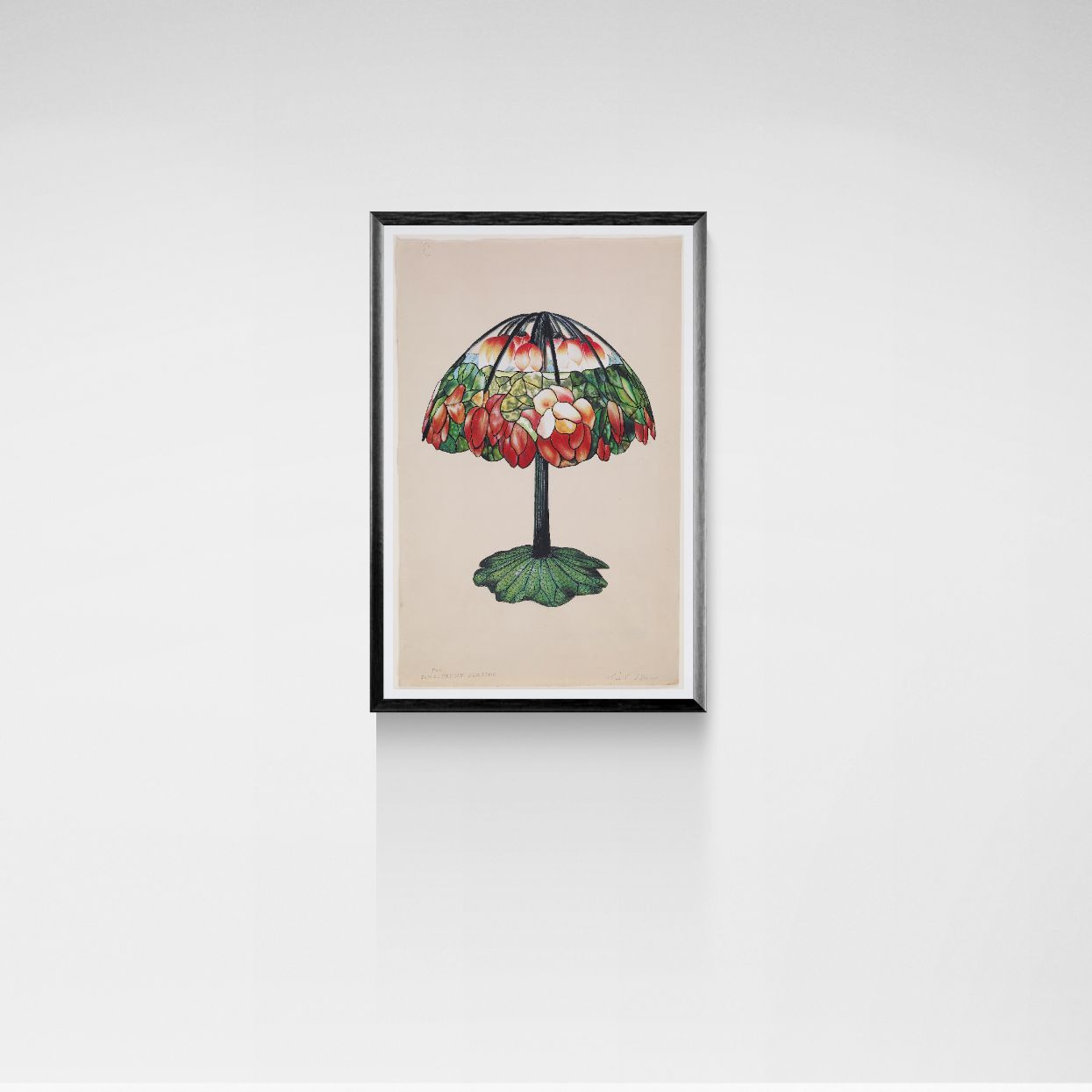 Framed artwork of a colorful Tiffany lamp design on a beige background