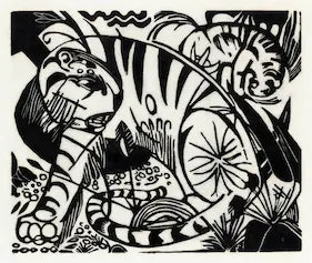 Black and white illustration of a tiger with abstract patterns