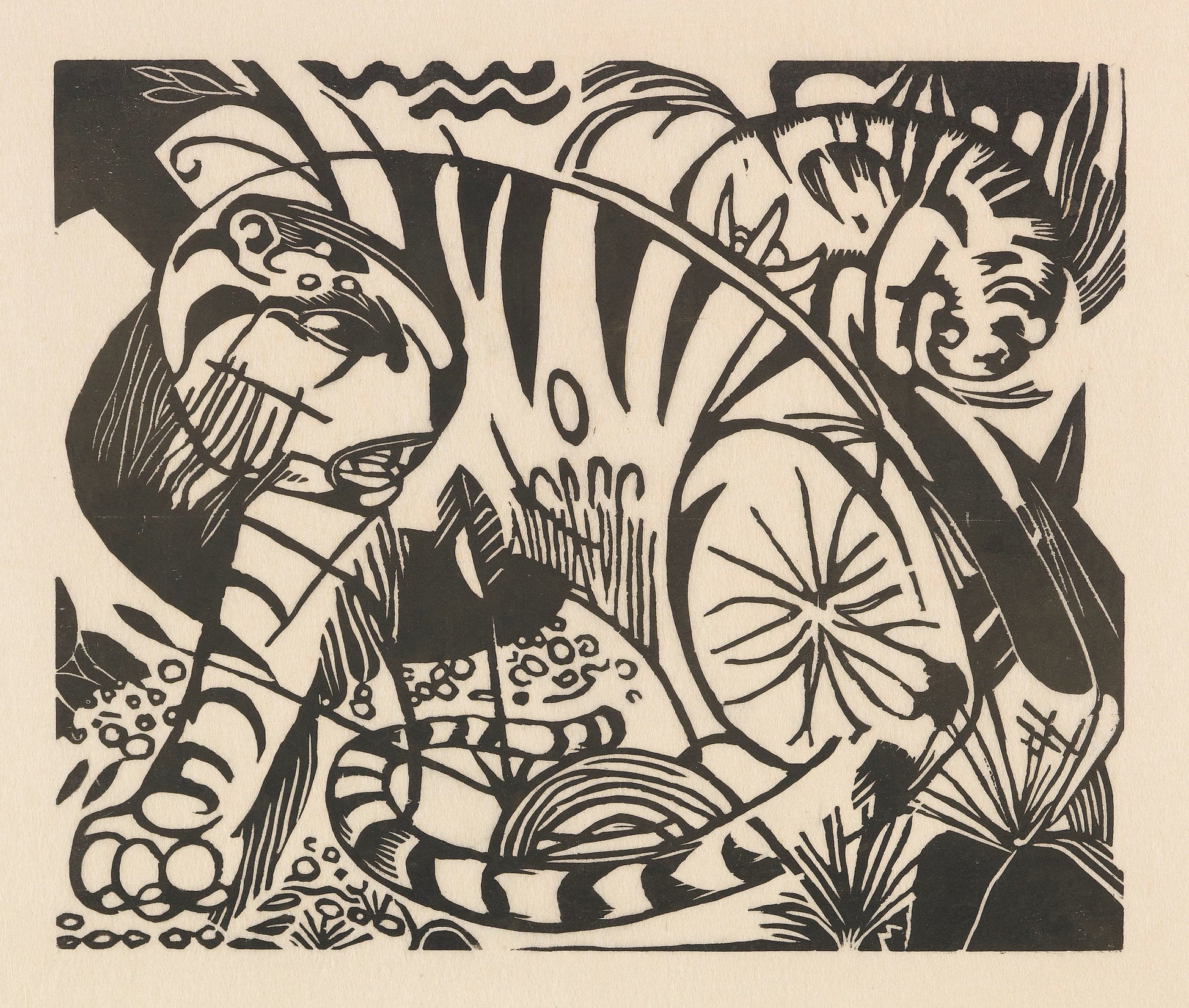 Black and white linocut print of a tiger with abstract patterns