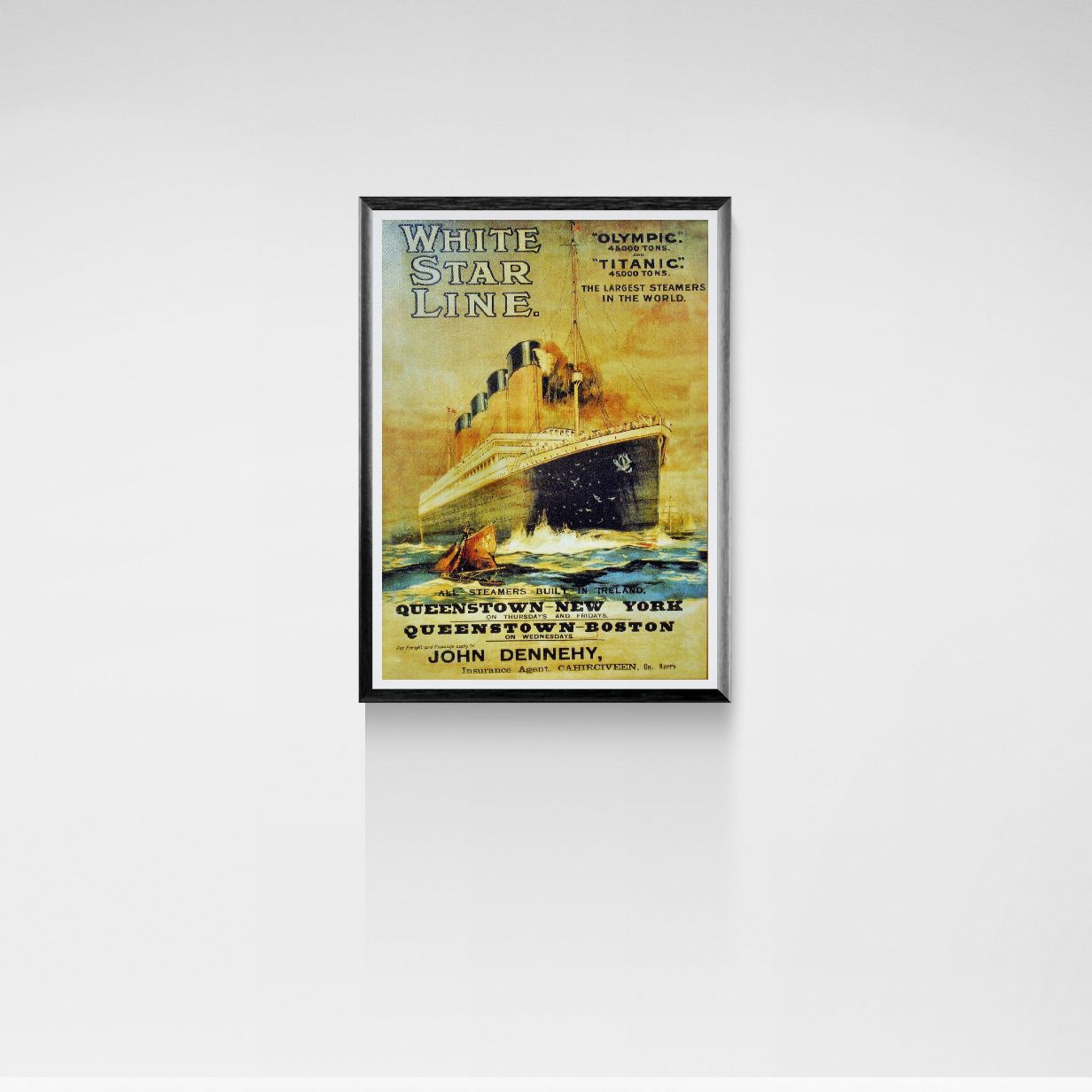 Framed vintage poster of White Star Line with a ship on a white wall