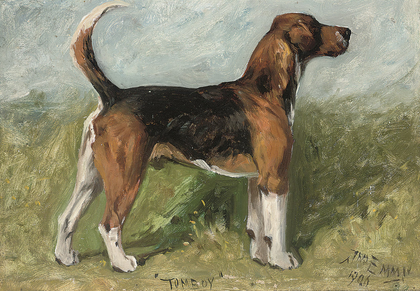 Painting of a hound dog standing on grass with a light blue sky.