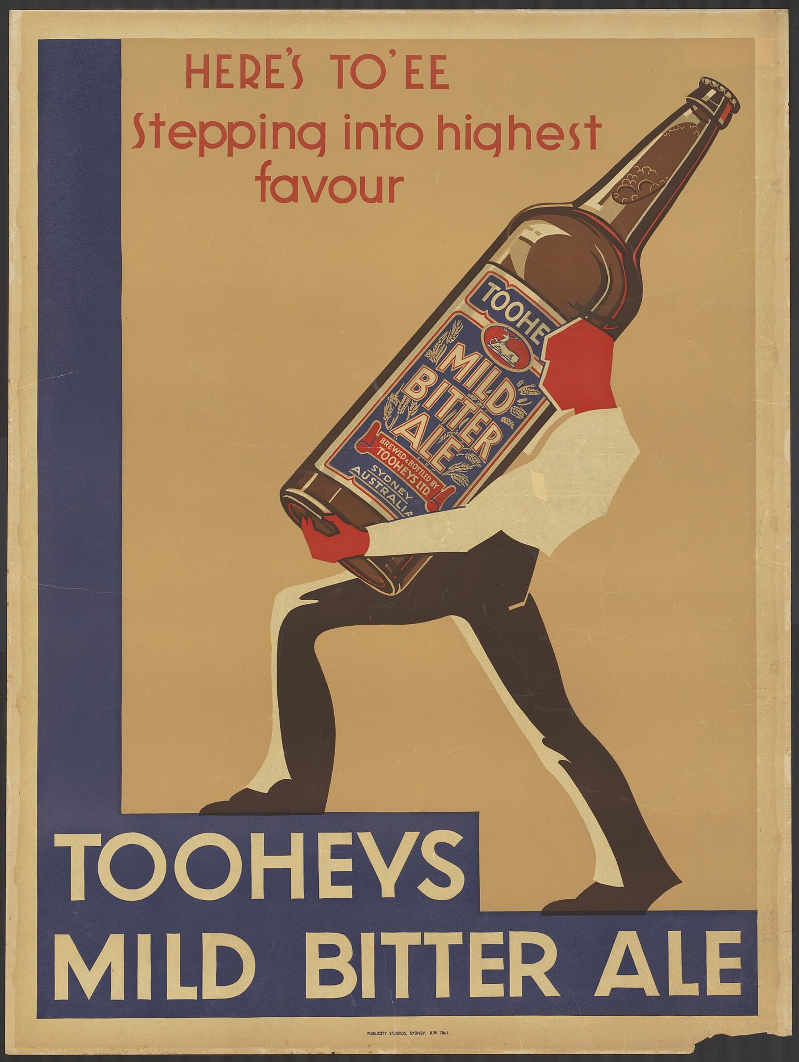 High-quality Giclée reproduction of the 1920s Tooheys Mild Bitter Ale poster, featuring a stylized man carrying a giant beer bottle up steps, vintage Australian advertisement.