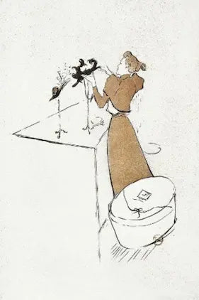 High quality Giclée reproduction of Henri de Toulouse-Lautrec's 1893 sketch "La Modiste" (The Milliner), showing a woman working on a hat.