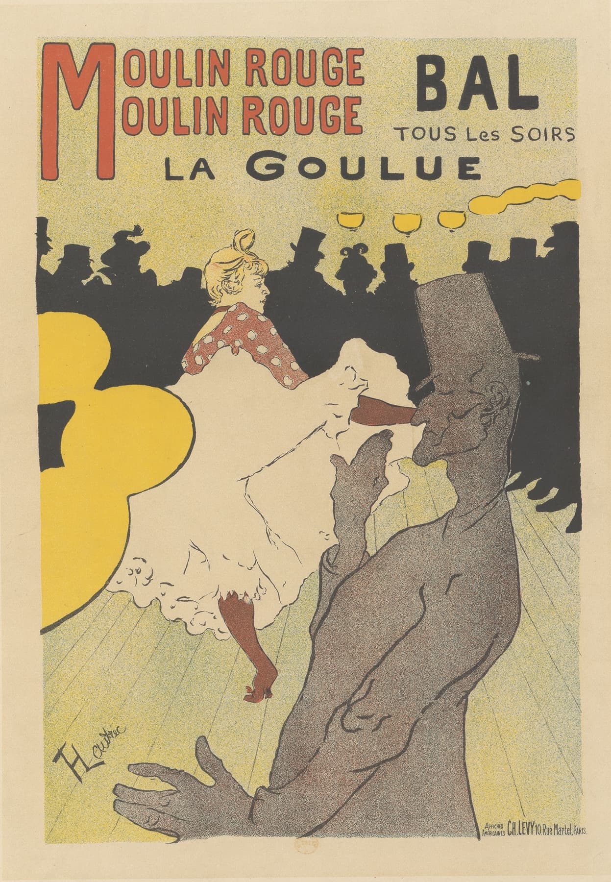 Vintage poster for Moulin Rouge featuring a dancer and a man in a top hat.