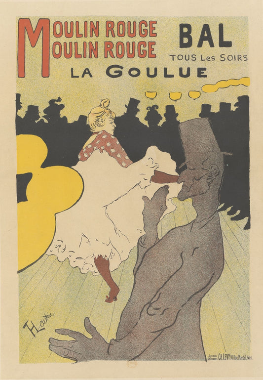 Vintage poster for Moulin Rouge featuring a dancer and a man in a top hat.