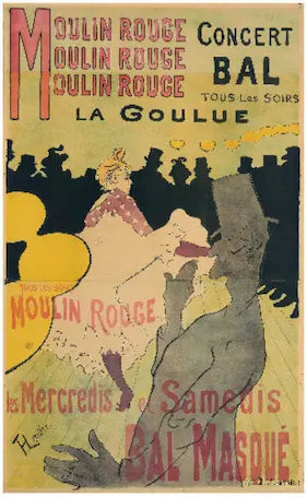 High-quality Giclée reproduction of Henri de Toulouse-Lautrec's lithograph for the Moulin Rouge featuring the Can-Can dancer La Goulue and a shadowy gentleman, vintage 1891 Belle Époque poster.