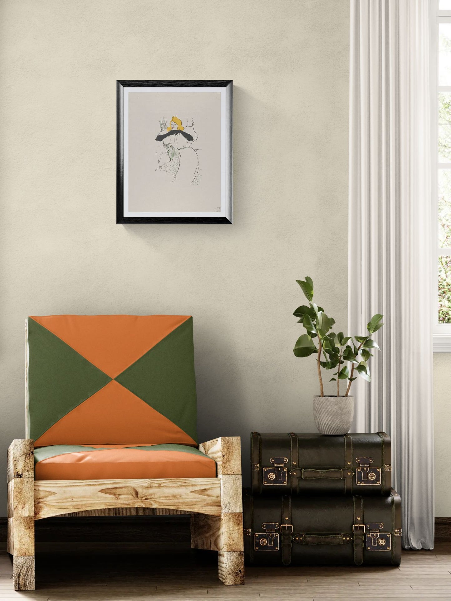 Modern chair with geometric cushion, framed artwork, and vintage suitcase in a room.