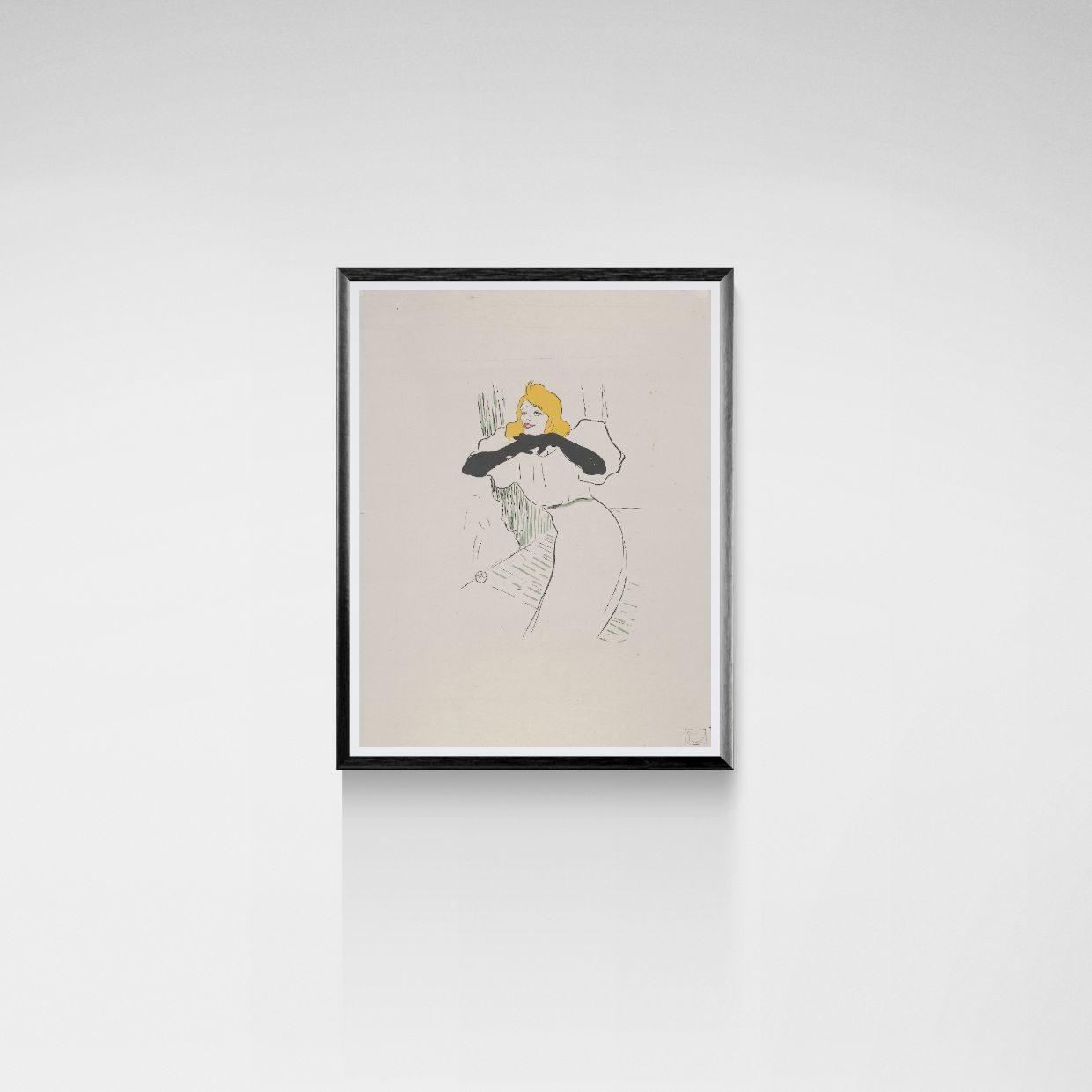 Framed artwork of a stylized woman with a yellow flower on a white wall