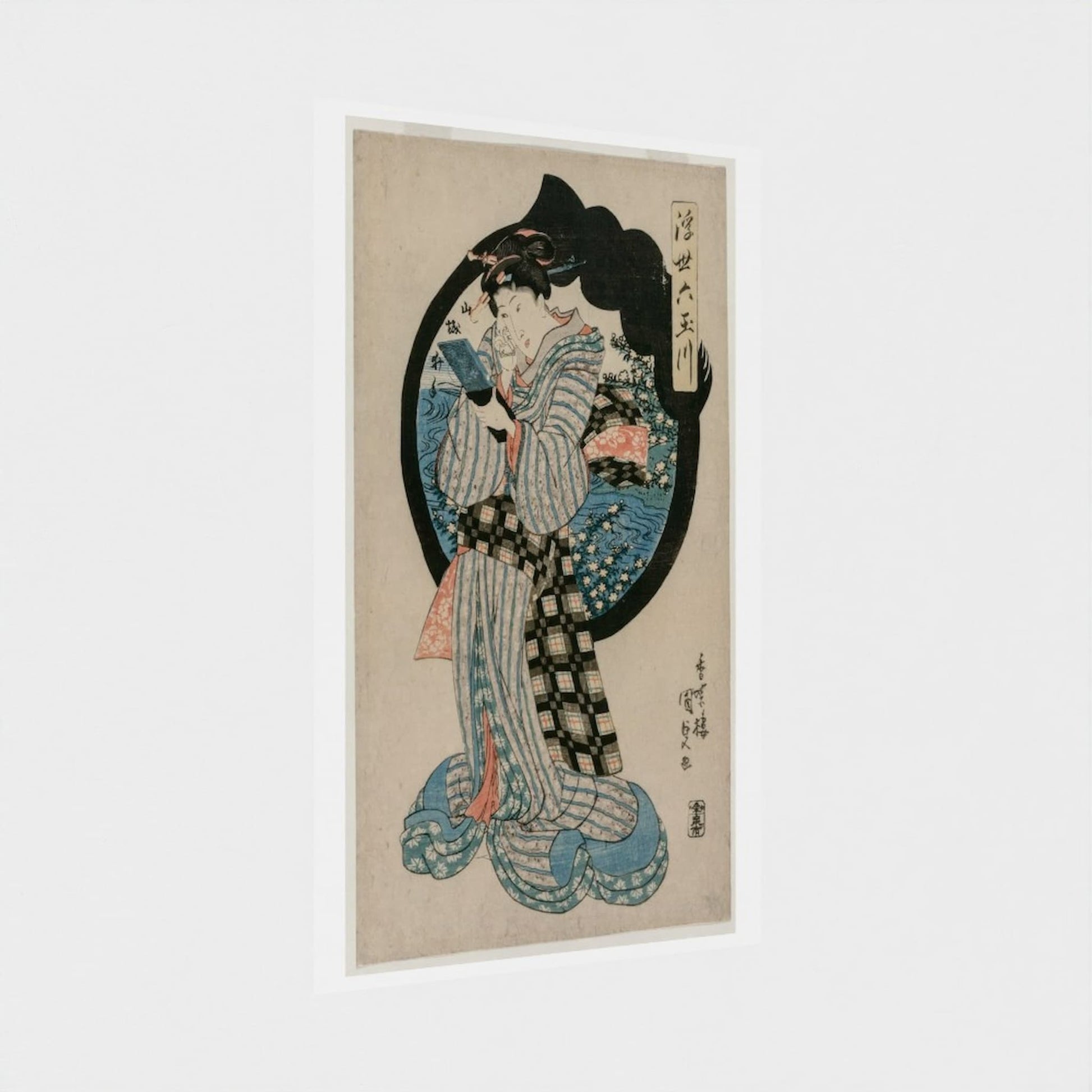 Traditional Japanese woodblock print of a geisha in a kimono on a beige background