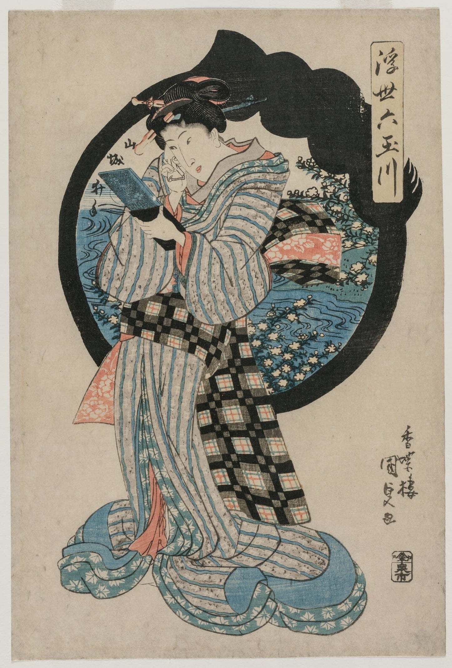 High quality Giclée reproduction of Toyokuni III's 1830s ukiyo-e woodblock print, showing a woman adjusting her hair with a hand mirror, Japanese Edo period art.