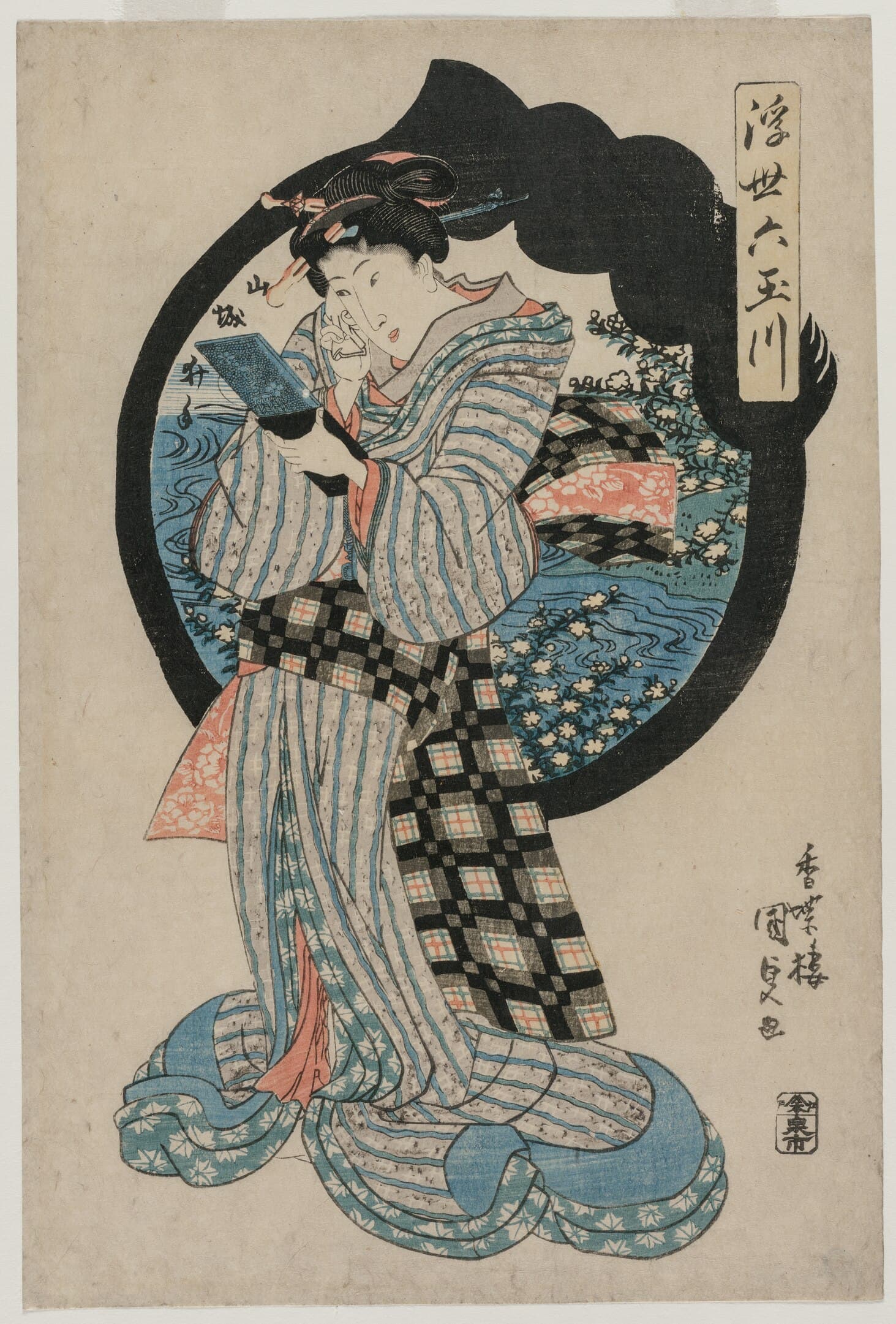 High quality Giclée reproduction of Toyokuni III's 1830s ukiyo-e woodblock print, showing a woman adjusting her hair with a hand mirror, Japanese Edo period art.