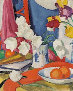 Still life painting with flowers, fruits, and a vase on a colorful background
