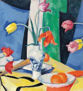 Still life painting with flowers and fruits on a colorful background