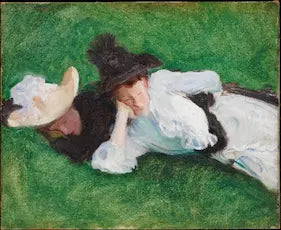Painting of a two women lying on grass wearing a black hat and white dress.