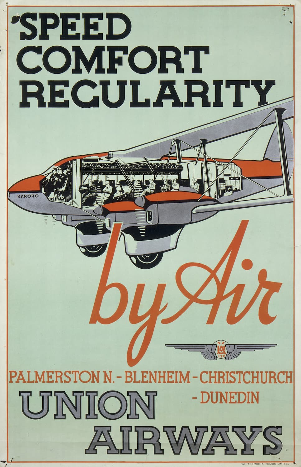 High-quality Giclée reproduction of the 1930s Union Airways New Zealand poster, featuring a cutaway illustration of a twin-engine commercial airplane, promoting 'Speed, Comfort, Regularity' by air.