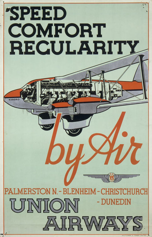 High-quality Giclée reproduction of the 1930s Union Airways New Zealand poster, featuring a cutaway illustration of a twin-engine commercial airplane, promoting 'Speed, Comfort, Regularity' by air.