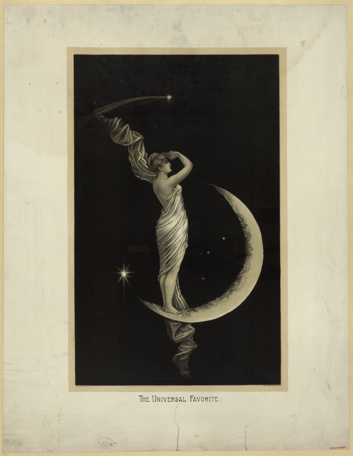 High-quality Giclée reproduction of the 1800s "The Universal Favorite" advertisement, showing a woman standing on a crescent moon, looking at a star, vintage photography ad.