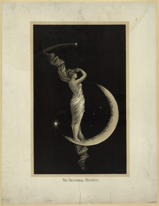 High-quality Giclée reproduction of the 1800s "The Universal Favorite" advertisement, showing a woman standing on a crescent moon, looking at a star, vintage photography ad.