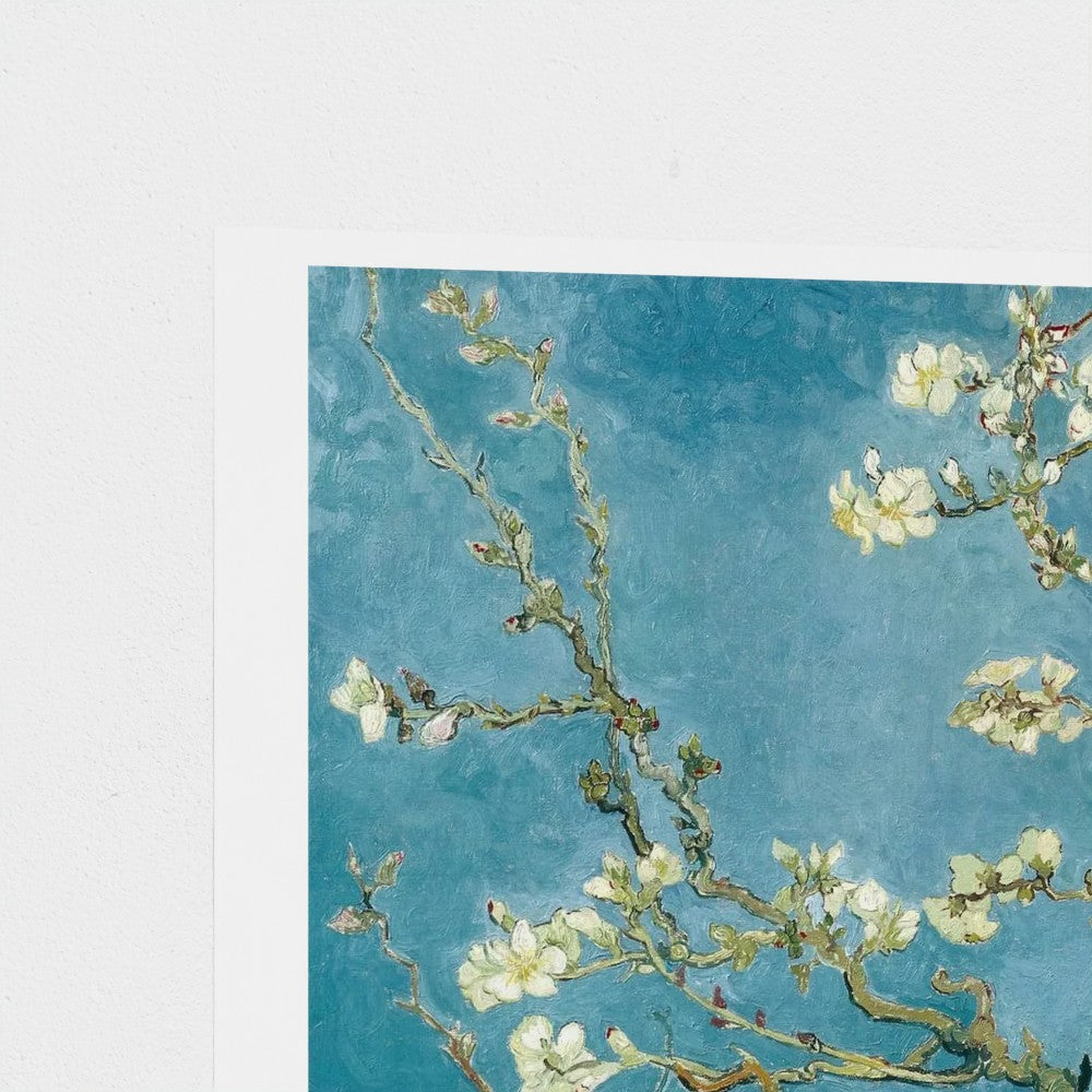 Artistic depiction of flowering branches against a blue background
