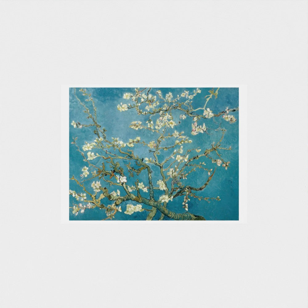 Artistic depiction of flowering branches against a blue background