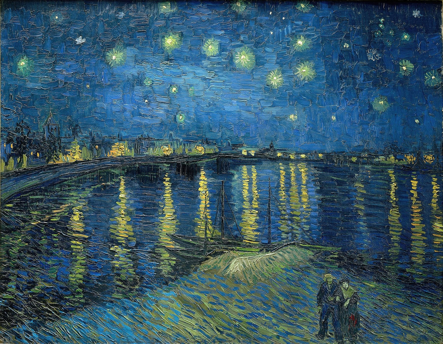 Famous Vincent van Gogh painting of a night scene with a bridge over water, illuminated by stars and lights.