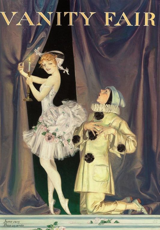 Vanity Fair magazine cover with a woman and clown behind draped curtains