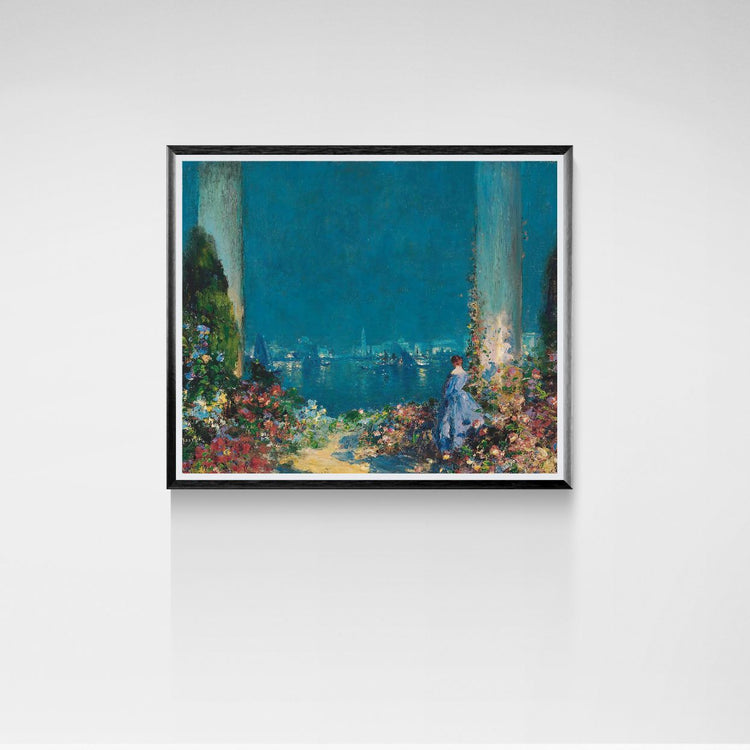 Framed painting of a woman in a garden with a blue sky.
