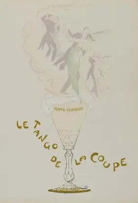 High quality Giclée reproduction of the Veuve Clicquot "Le Tango de la Coupe" poster by SEM (Georges Goursat), showing dancers floating from a champagne glass, 1920s Art Deco style.