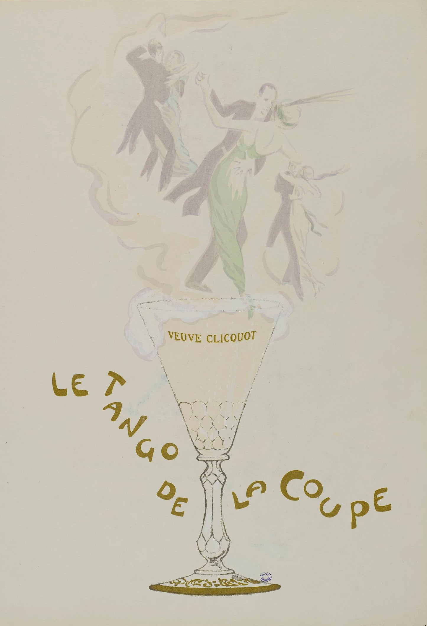 Vintage Vèuve Clicquot poster featuring a cocktail glass and dancers, on a light background.