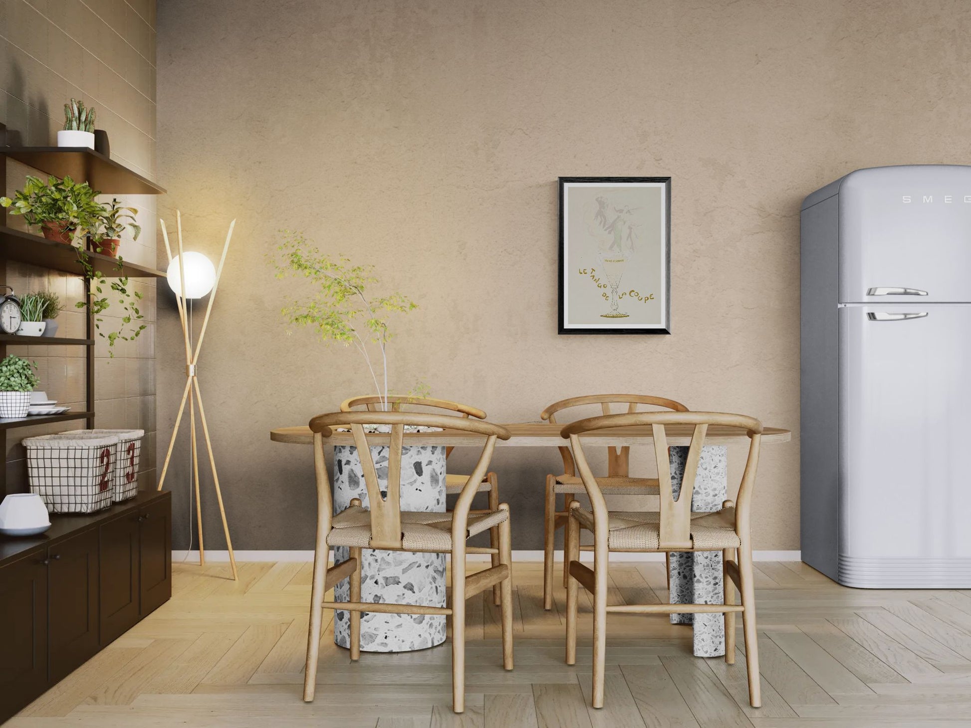 Modern kitchen with wooden dining table and chairs, gray refrigerator, and decorative elements.