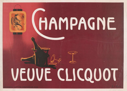 Vintage-style advertisement for Veuve Clicquot Champagne with a bottle and lantern on a red background.