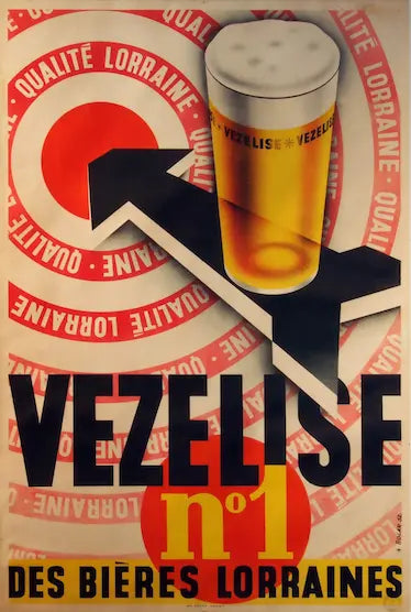Vintage-style advertisement for Vezelise beer with a glass of beer and brand name.